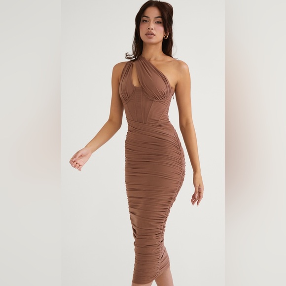 House of CB Valentine Asymmetric Cutout Midi Dress in Mocha Size XS - Picture 11 of 14
